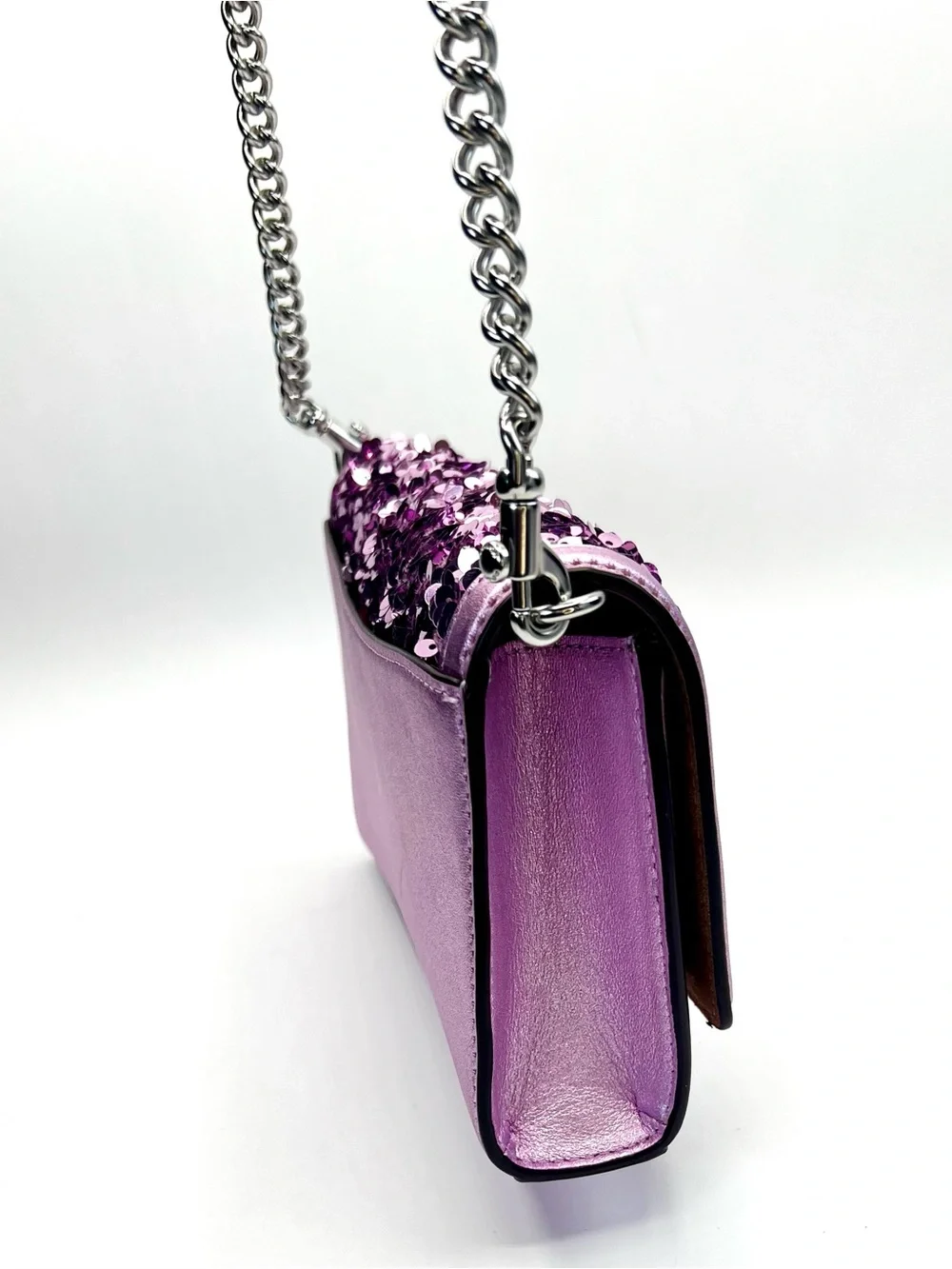 Coach Flap Clutch Crossbody Bag in Lilac Metallic Leather & Sequins